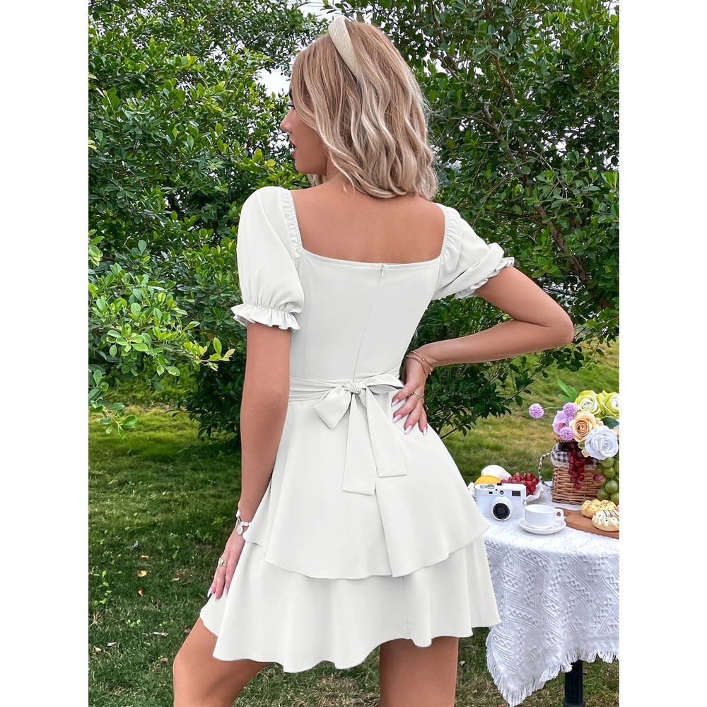 Sweetheart Neck Short Puff Sleeve Layered Hem Mini Dress light blue - Picture 5 of 11